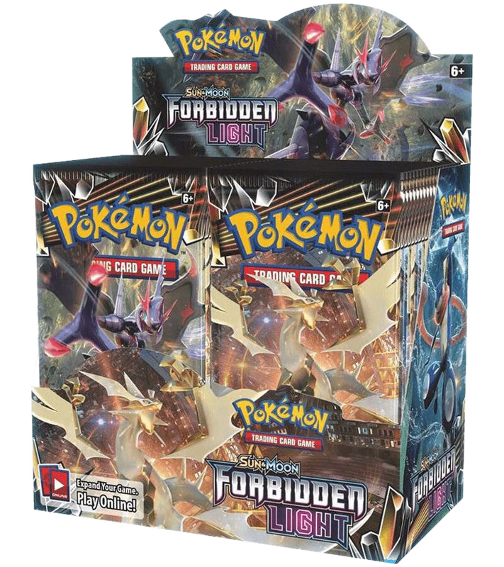 A sealed Pokemon Forbidden Light booster box featuring Ultra Necrozma artwork.