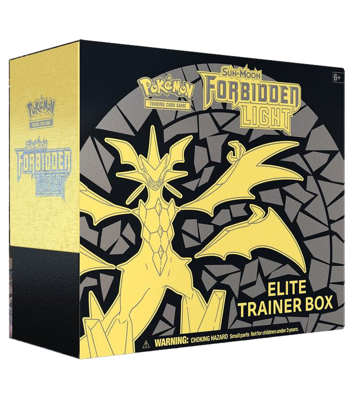 A Pokemon Forbidden Light Elite Trainer Box featuring Ultra Necrozma on the packaging.