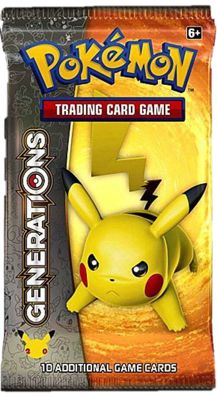 A Pokemon Generations booster pack featuring a yellow Pikachu illustration on a gold background.