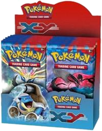 A sealed Pokemon XY booster box featuring Xerneas, Yveltal, and Blastoise on the packaging.