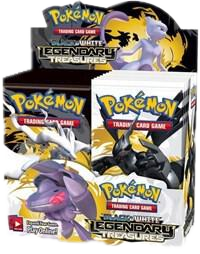 A sealed Pokemon Legendary Treasures booster box featuring artwork of Mewtwo and Zekrom.