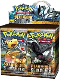 A sealed Pokemon HeartGold SoulSilver booster box featuring Ampharos and Donphan on the packs.