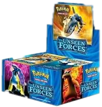 A sealed Pokemon Unseen Forces booster box featuring artwork of Lugia and other Johto Pokemon.
