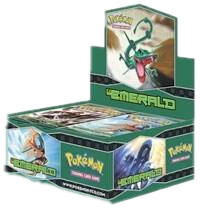 A sealed Pokemon Emerald booster box featuring Rayquaza artwork on the display header.