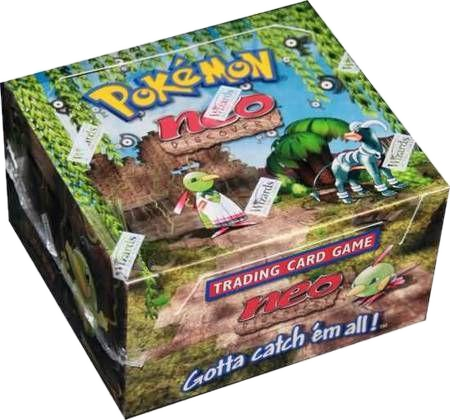 A sealed Pokemon Neo Discovery booster box featuring artwork of Xatu and Houndoom.