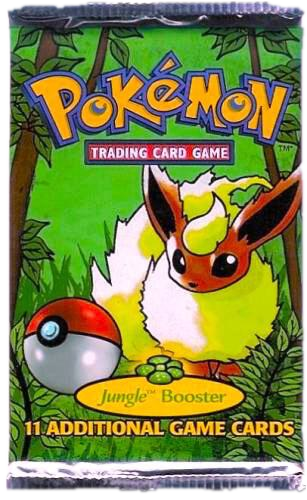 A sealed Pokemon Jungle booster pack featuring Flareon artwork on a green forest background.
