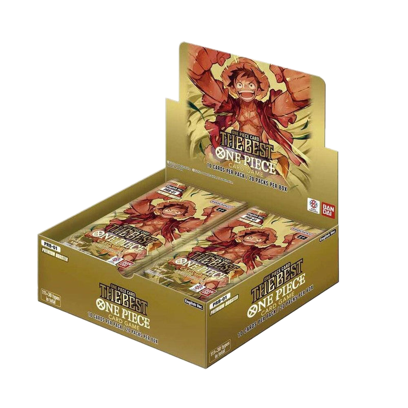 A factory-sealed One Piece The Best Premium Booster Box featuring Luffy on the packaging.