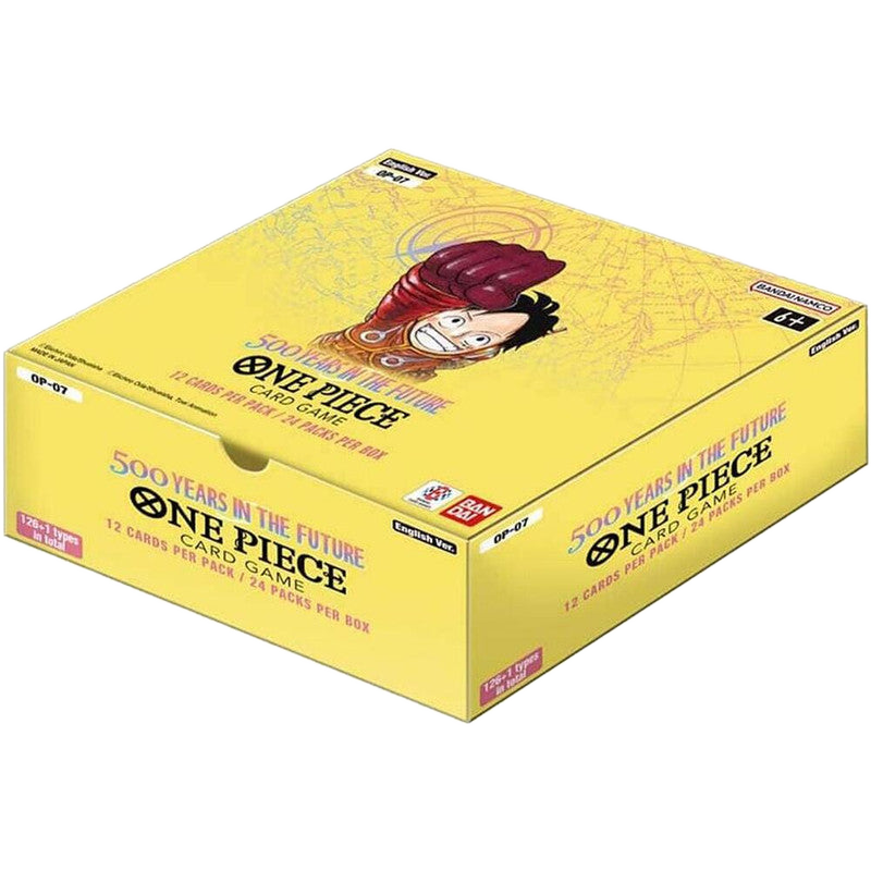 A yellow One Piece 500 Years In The Future booster box featuring Luffy on the lid.