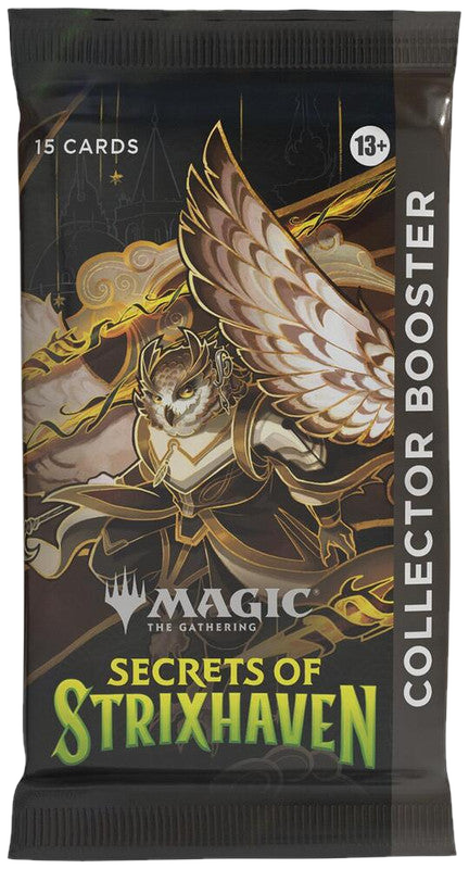 A Magic The Gathering Secrets of Strixhaven collector booster pack featuring an owl mage illustration.