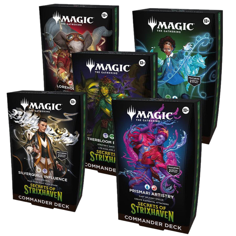 Five Magic: The Gathering Strixhaven Commander decks arranged in a group.