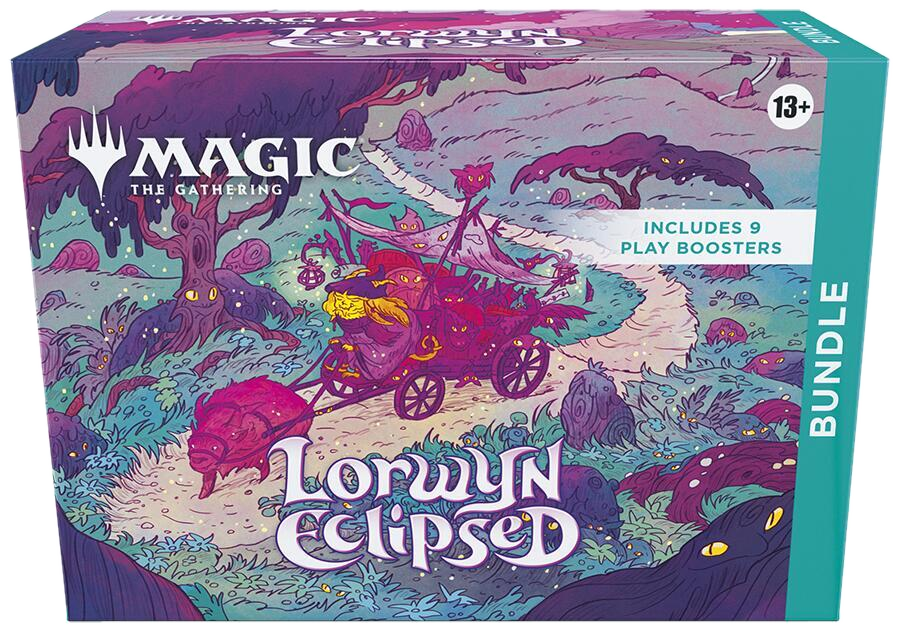 A Magic: The Gathering Lorwyn Eclipsed bundle box featuring whimsical, dark forest artwork.