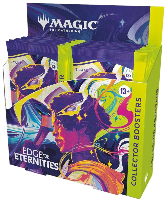 A Magic: The Gathering Edge of Eternities collector booster box containing multiple card packs.