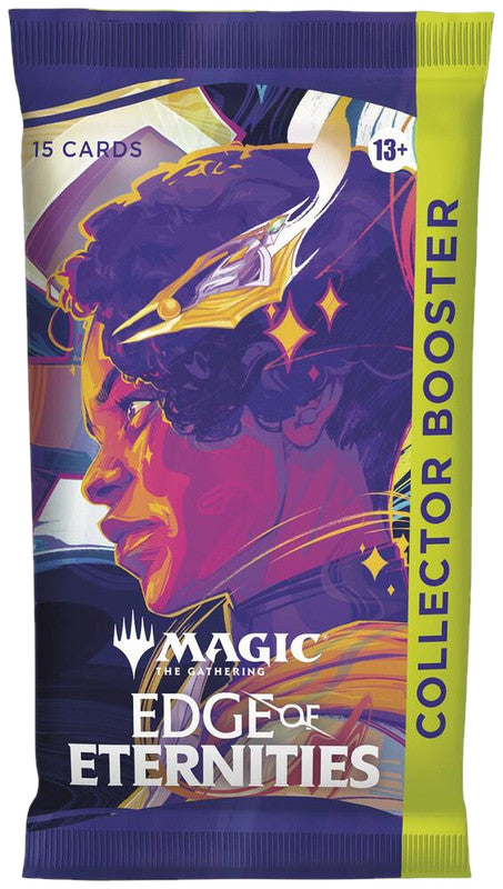 A Magic: The Gathering Edge of Eternities Collector Booster pack featuring stylized character art.