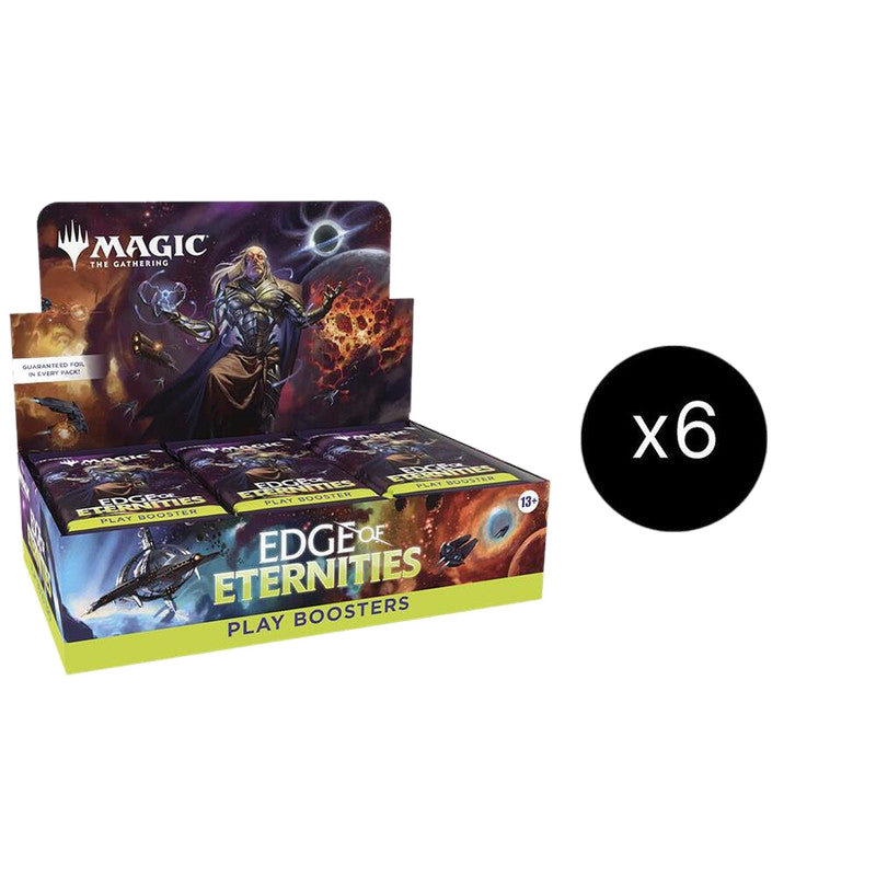 A case of six Magic the Gathering Edge of Eternities play booster boxes.