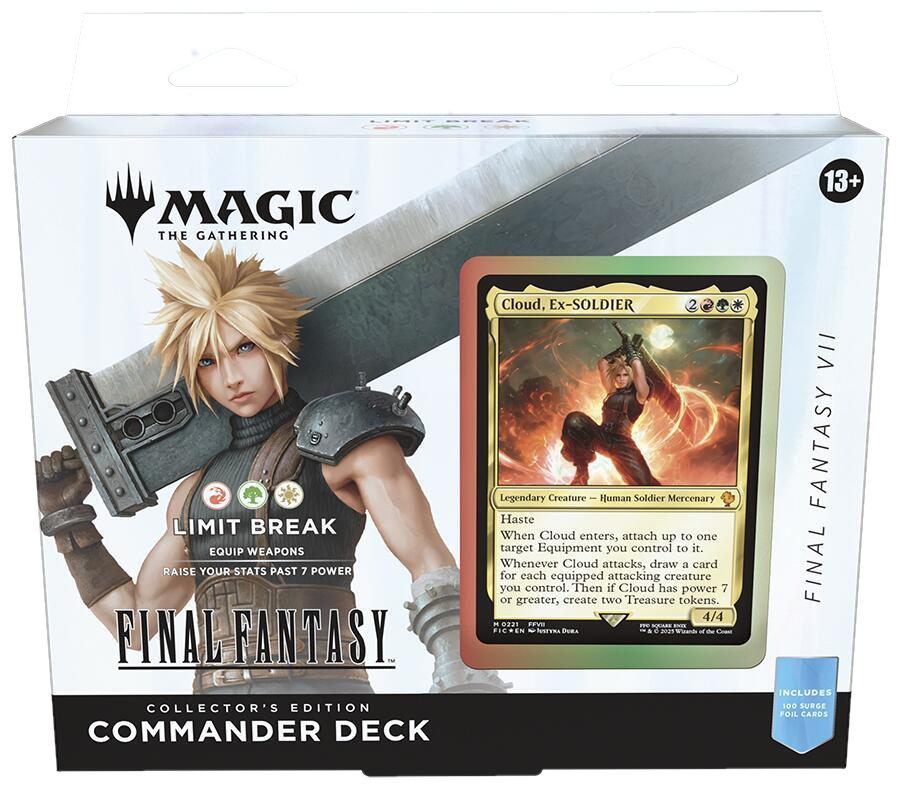 A Magic the Gathering Final Fantasy Commander deck box featuring Cloud Strife and his card.