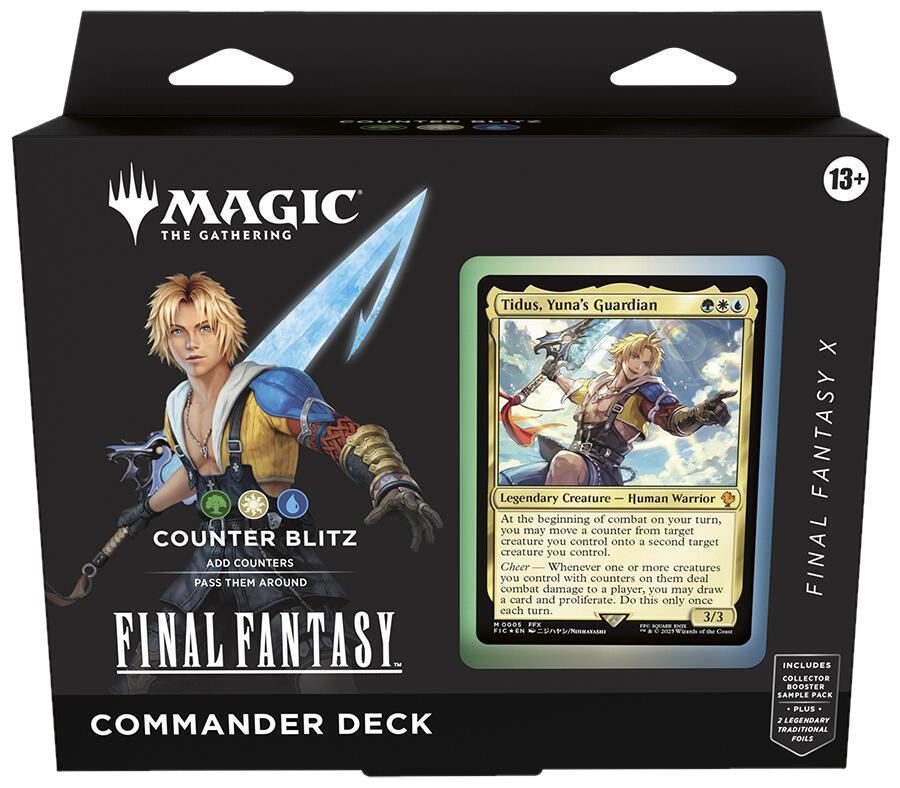 A Magic: The Gathering Final Fantasy Commander deck box featuring Tidus on the packaging.