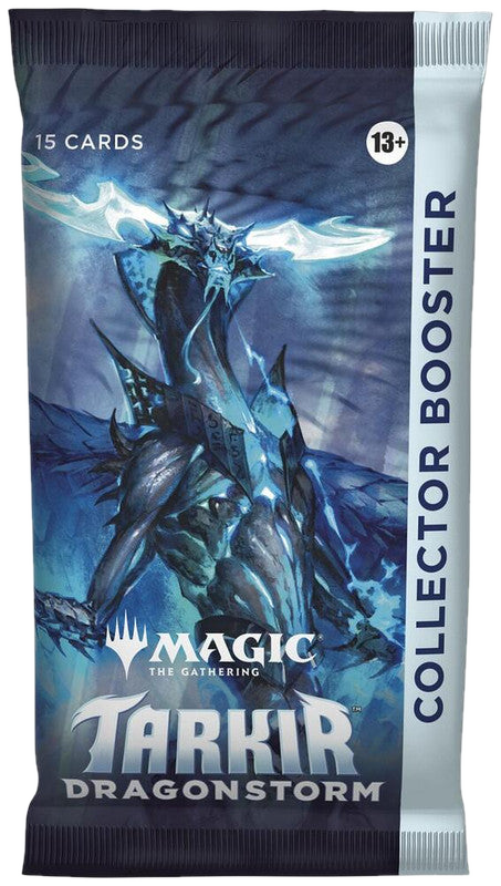 A Magic: The Gathering Tarkir Dragonstorm Collector Booster pack featuring a blue dragon illustration.