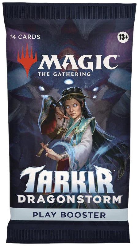 A Magic: The Gathering Tarkir Dragonstorm play booster pack featuring a character illustration.