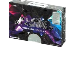 A 2025-26 Upper Deck Black Diamond hockey hobby box with a dark, geometric patterned design.
