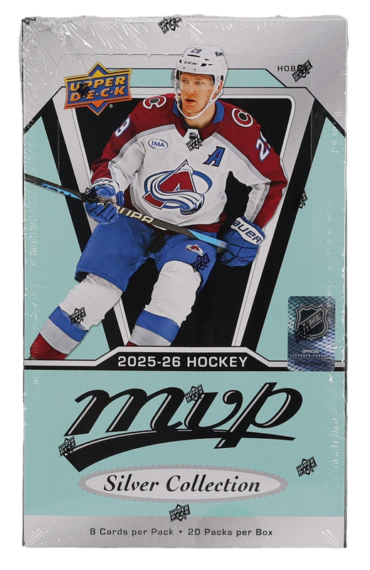 A 2025-26 Upper Deck MVP Silver Collection hockey hobby box featuring Nathan MacKinnon.