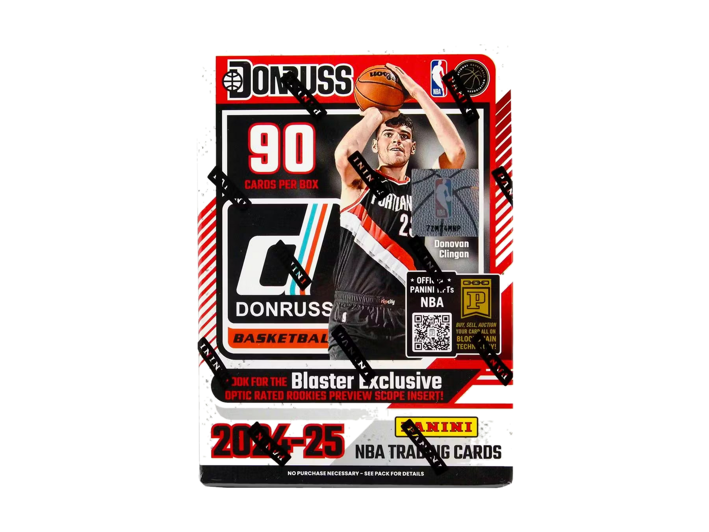 A 2024-25 Panini Donruss Basketball blaster box featuring Donovan Clingan on the packaging.