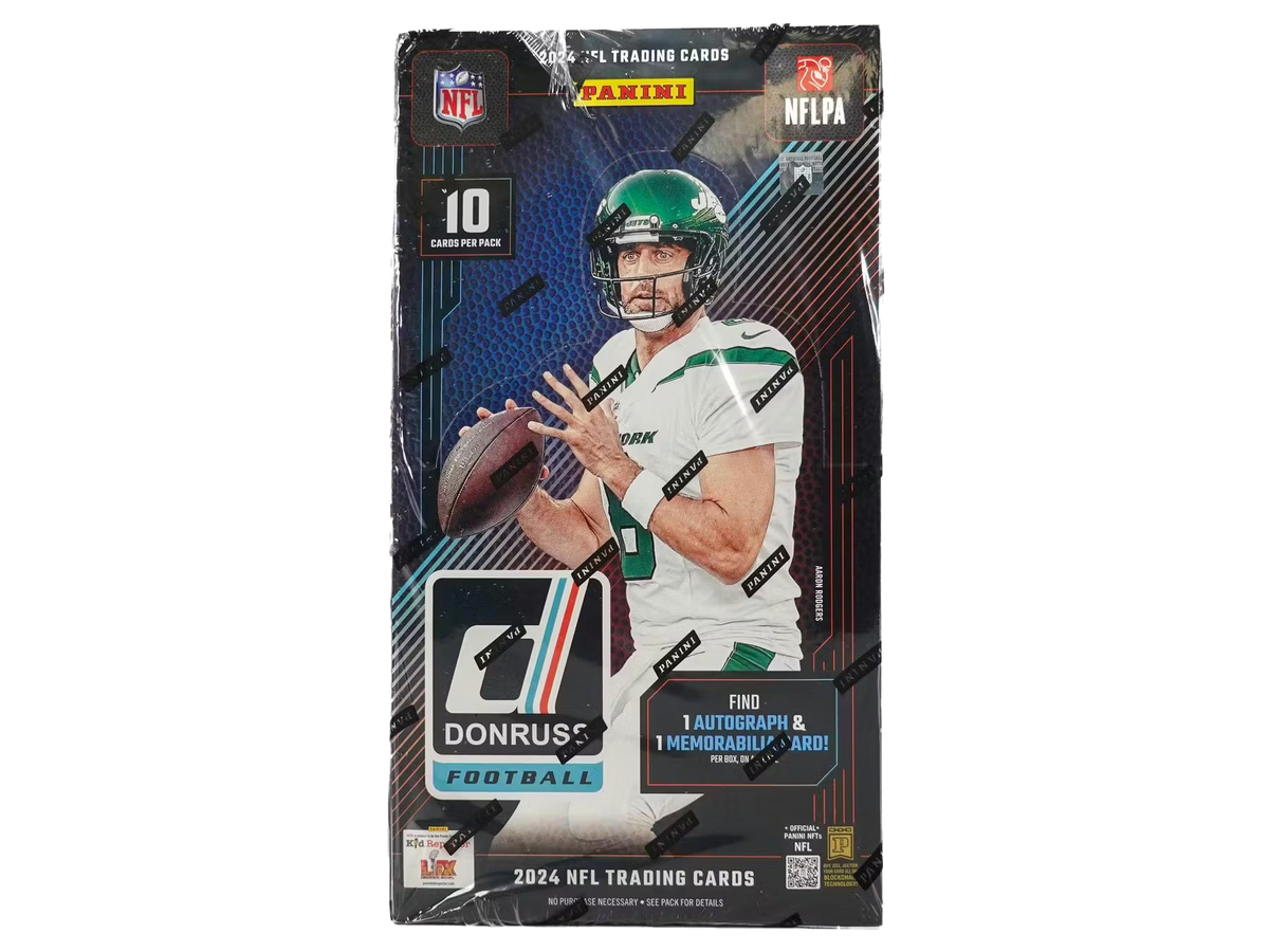 A 2024 Panini Donruss Football hobby box featuring Aaron Rodgers on the packaging.
