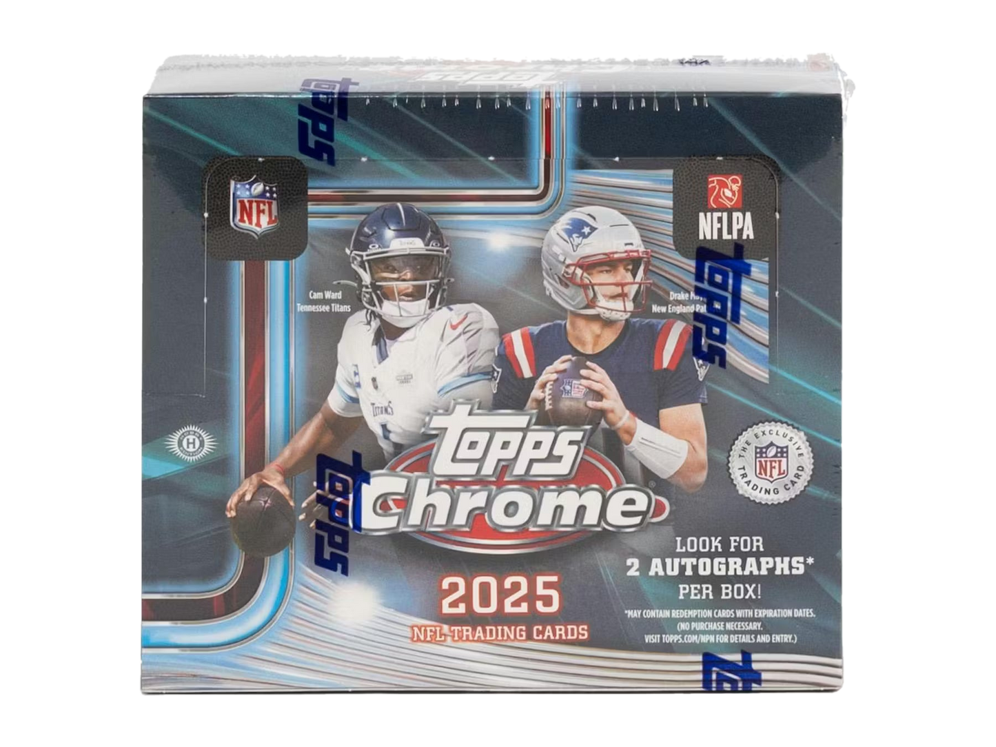A 2025 Topps Chrome Football jumbo hobby box featuring images of two NFL players.