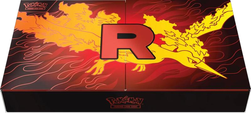 A Team Rocket Moltres ex Ultra-Premium Collection box featuring a large red R and Moltres art.