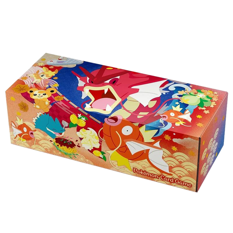 A rectangular Pokemon Center Hiroshima storage box featuring colorful illustrations of Gyarados.