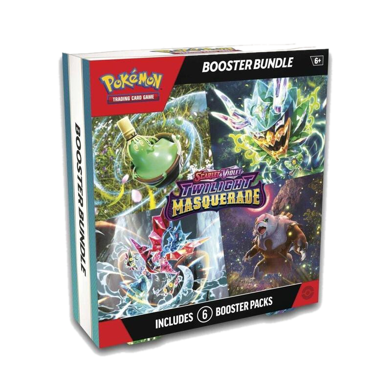 A Twilight Masquerade booster bundle box containing six Pokemon trading card game booster packs.
