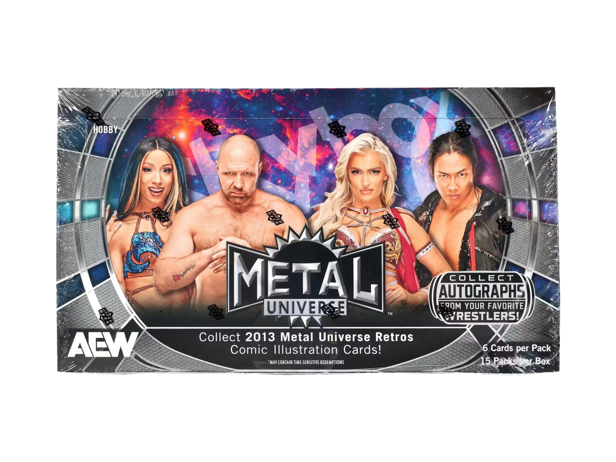A 2025 Upper Deck AEW Skybox Metal Universe hobby box featuring images of professional wrestlers.