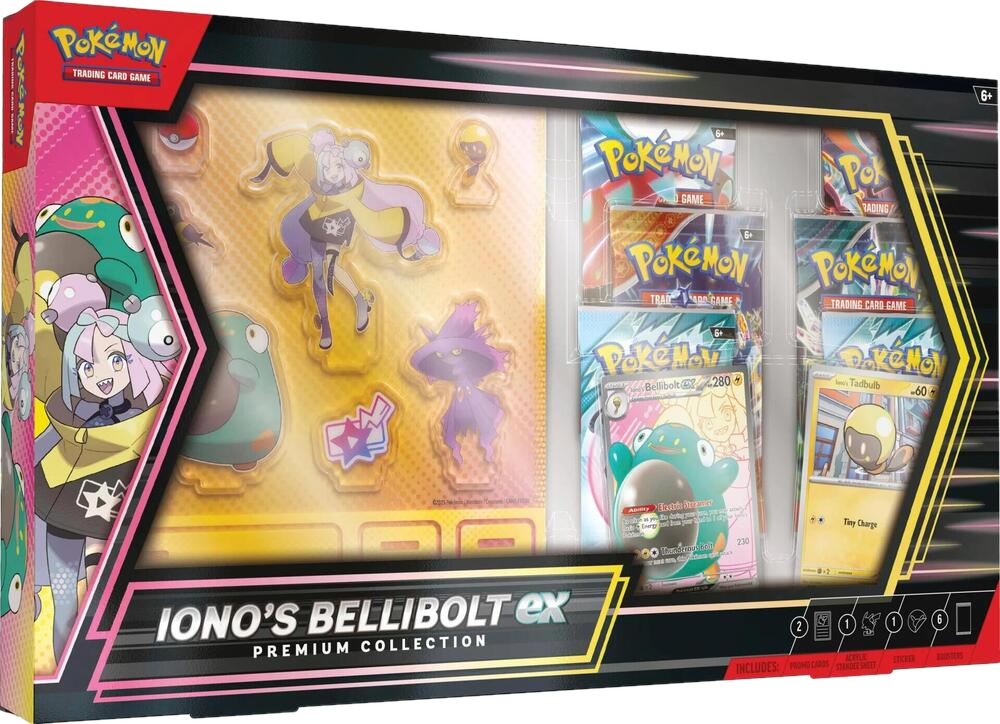 Iono’s Bellibolt ex Premium Collection box featuring promo cards, booster packs, and acrylic standees.