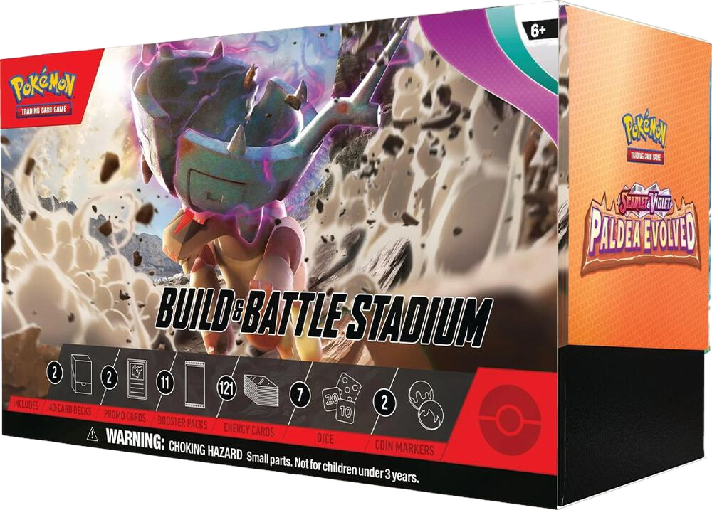 A Pokemon Paldea Evolved Build and Battle Stadium box set featuring artwork of Tinkaton.