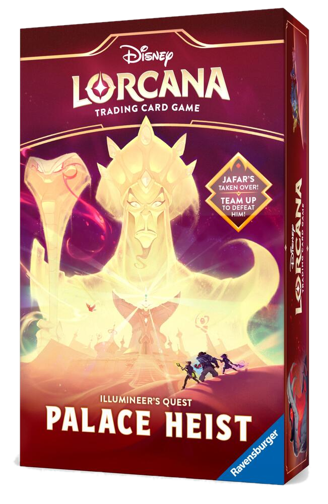 The Disney Lorcana Palace Heist cooperative card game box features a golden Jafar illustration.