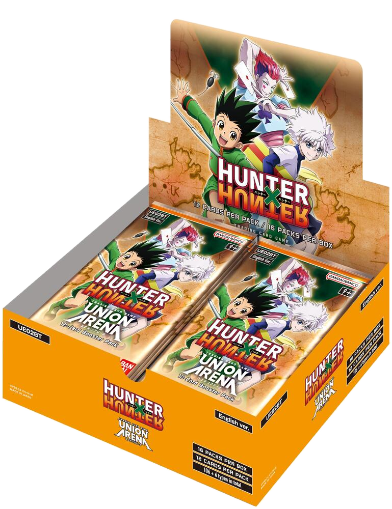 A Hunter x Hunter Union Arena booster box containing sixteen packs of trading cards.