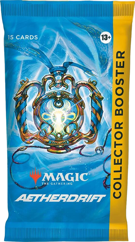 An Aetherdrift Collector Booster pack featuring a blue and yellow design with 15 cards.
