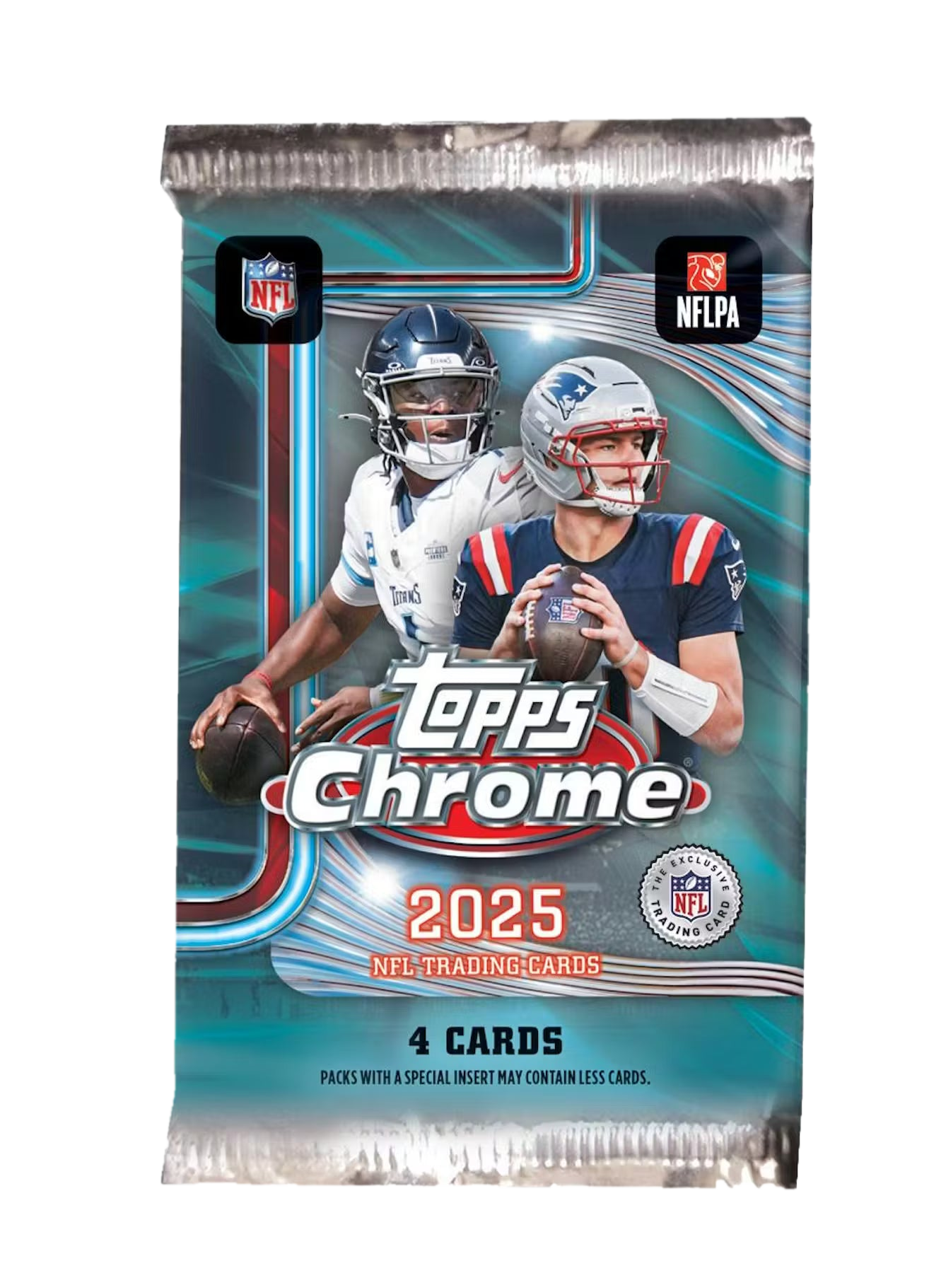 A 2025 Topps Chrome football trading card pack featuring two NFL players on the front.