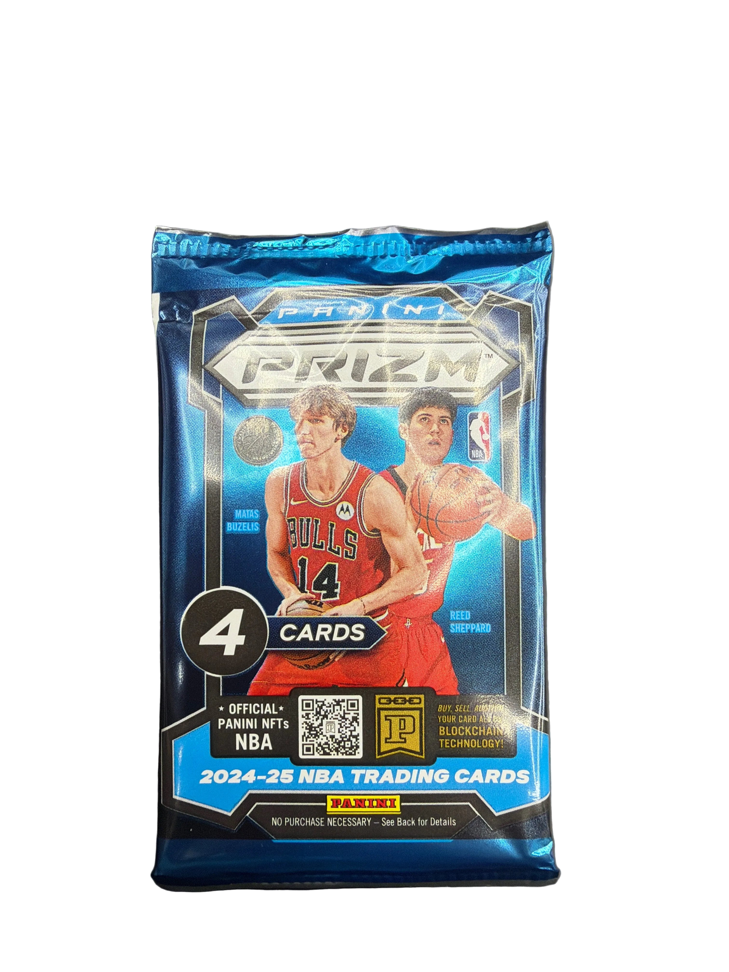 A 2024-25 Panini Prizm basketball trading card pack featuring Matas Buzelis and Reed Sheppard.