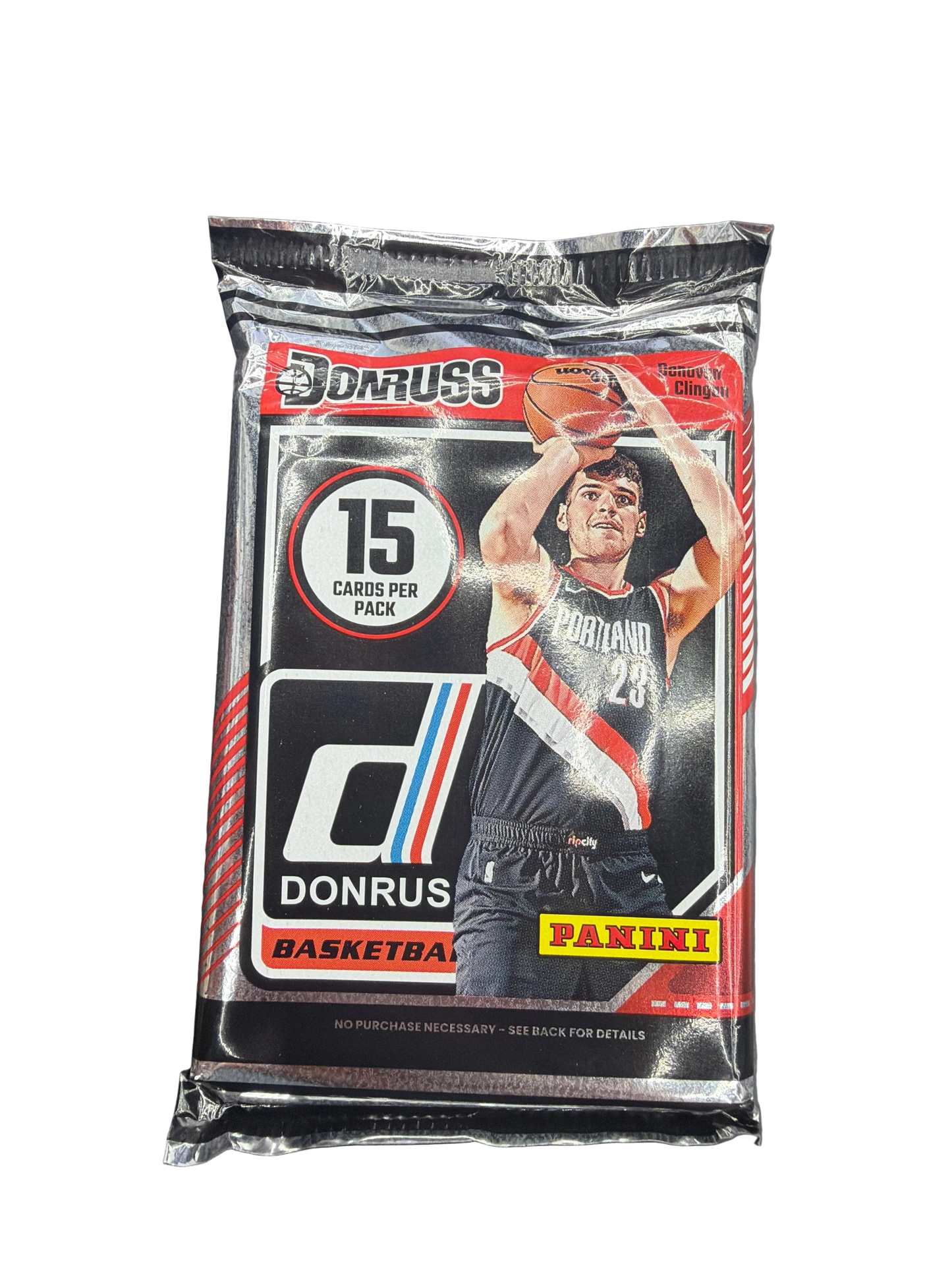 A sealed 2024-25 Donruss basketball trading card pack featuring Donovan Clingan on the front.