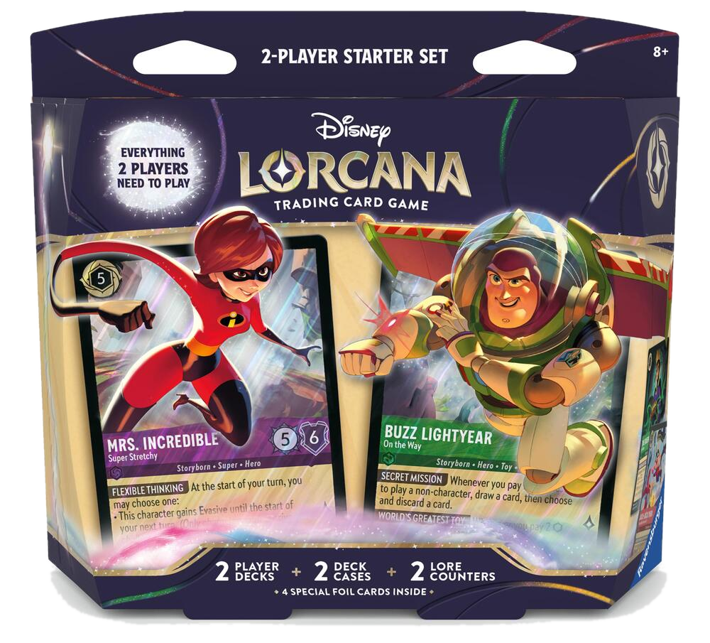 Disney Lorcana Wilds Unknown 2 Player Starter Set featuring Mrs. Incredible and Buzz Lightyear.