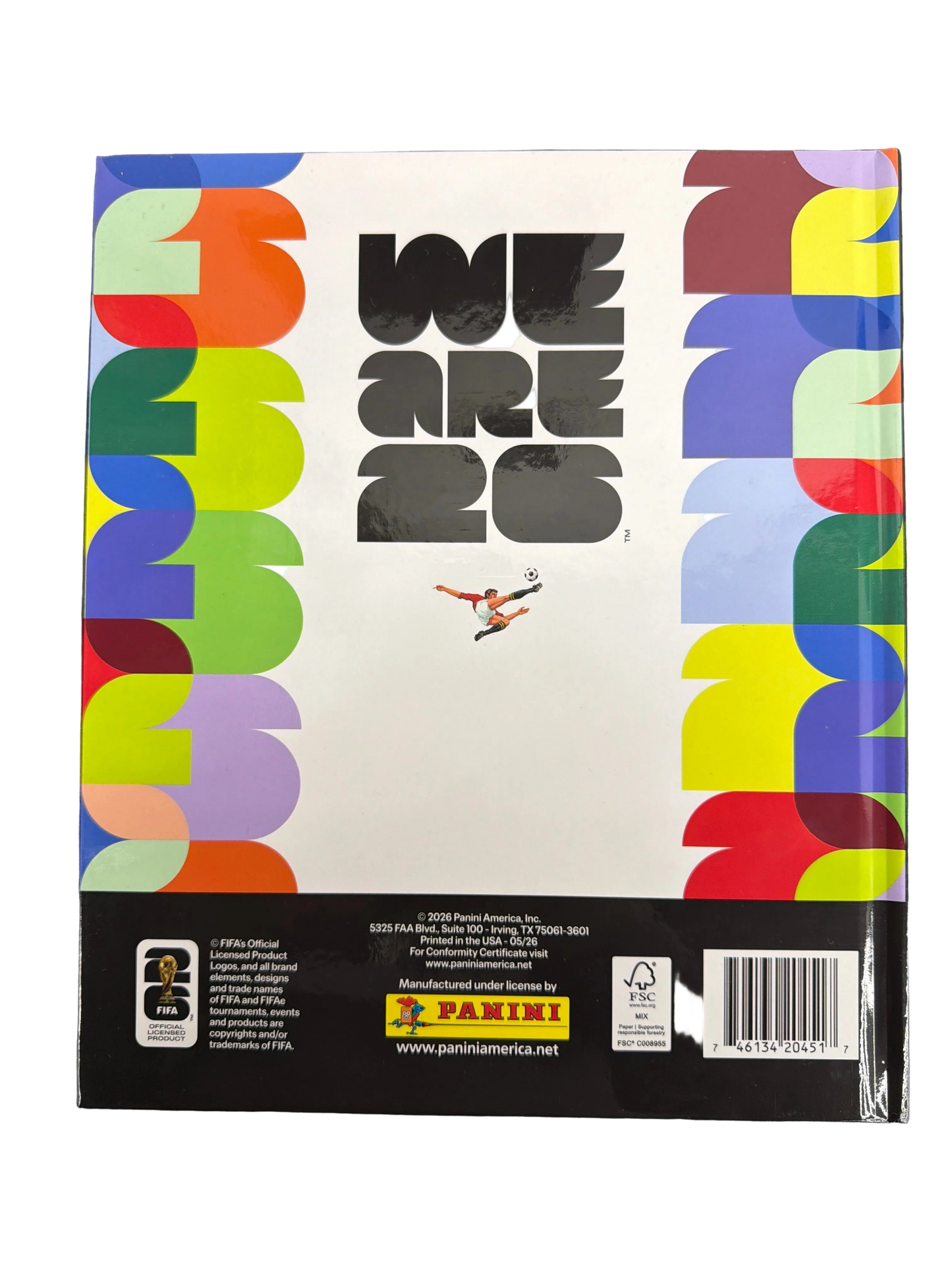 The back cover of the 2026 Panini FIFA World Cup hardcover sticker album features colorful patterns.