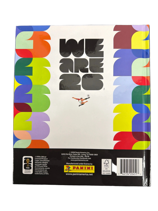 The back cover of the 2026 Panini FIFA World Cup hardcover sticker album features colorful patterns.