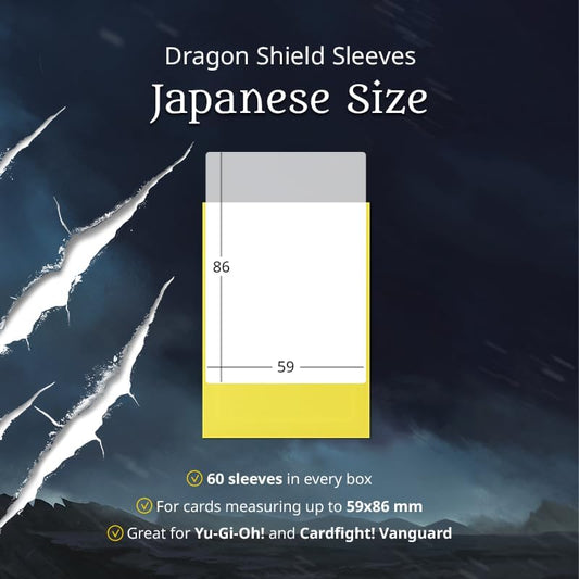 Dragon Shield Japanese size matte sleeves for 59 by 86 millimeter cards.