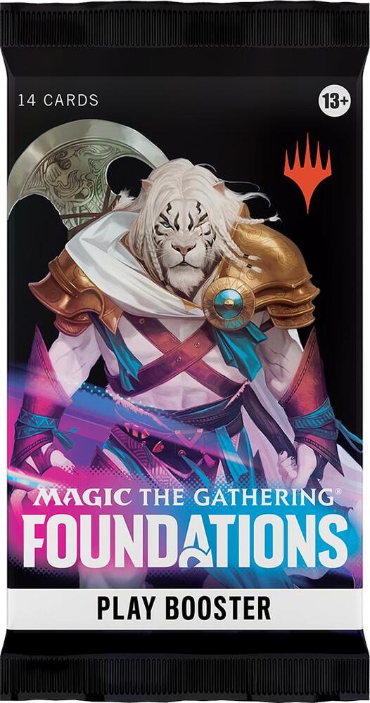 A Magic the Gathering Foundations play booster pack featuring a white tiger warrior illustration.