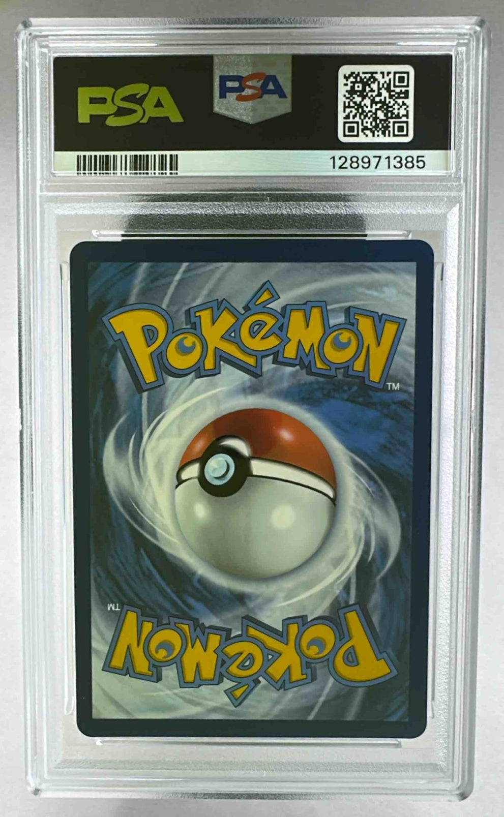 The back of a PSA 10 graded 2025 Pokemon Prize Pack Series 7 Espeon ex card in a plastic case.