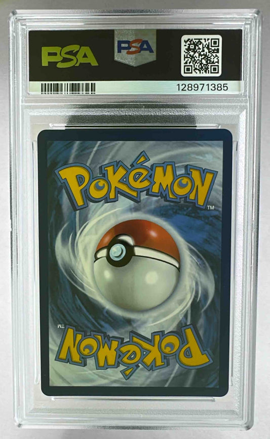 The back of a PSA 10 graded 2025 Pokemon Prize Pack Series 7 Espeon ex card in a plastic case.
