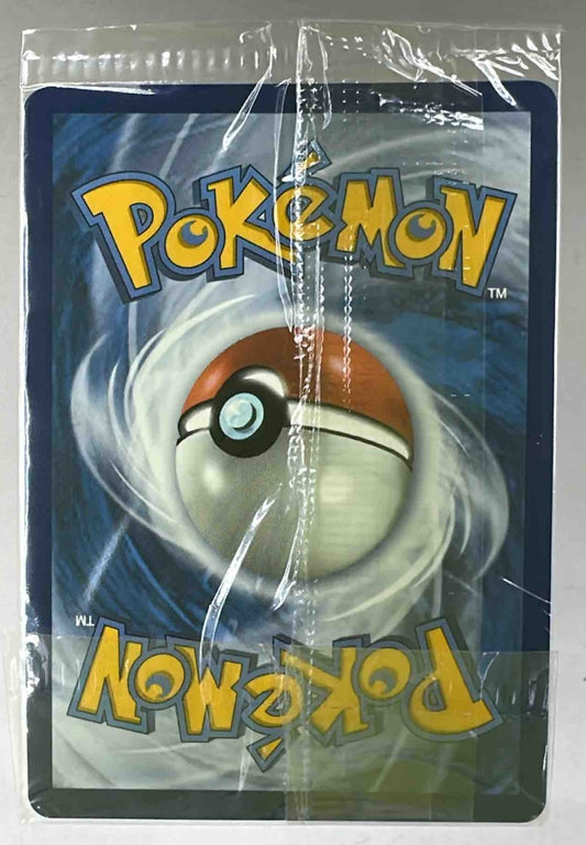 The back of a Pokemon trading card is shown inside a clear protective plastic sleeve.