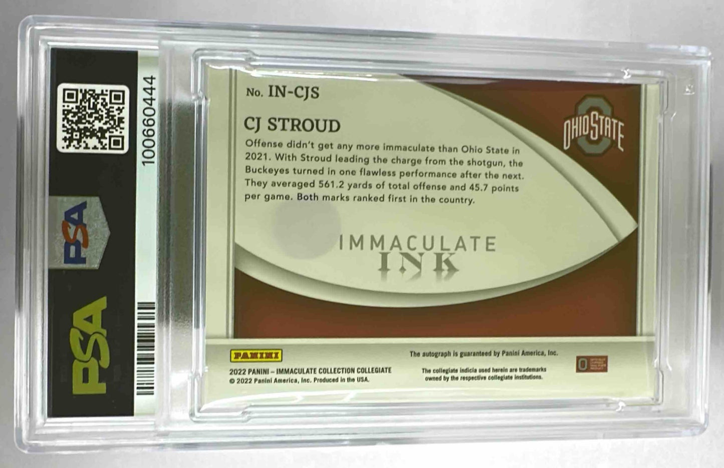The back of a graded 2022 Panini Immaculate Collegiate C.J. Stroud autograph card in a PSA slab.