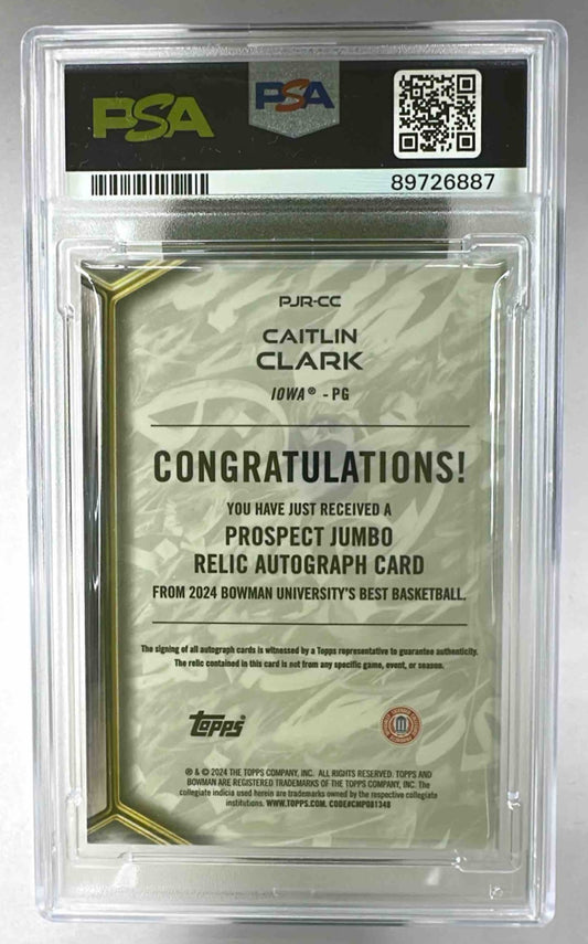 The back of a graded PSA 10 Caitlin Clark Bowman University basketball relic autograph card.