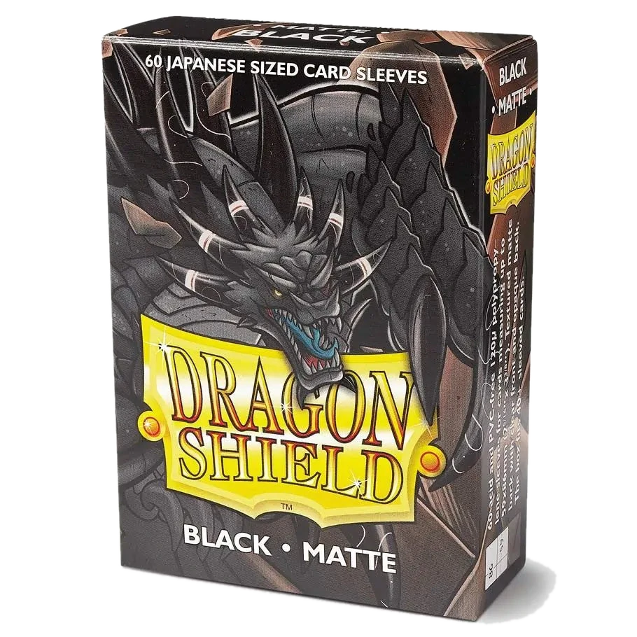 A box of 60 black matte Japanese-sized card sleeves featuring a dragon illustration.
